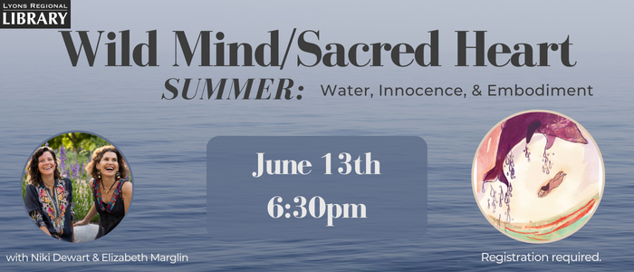 Event is described on a background of still water. Includes photo of presenters and a card from the Wild Sacred Feminine Deck of a jumping dolphin