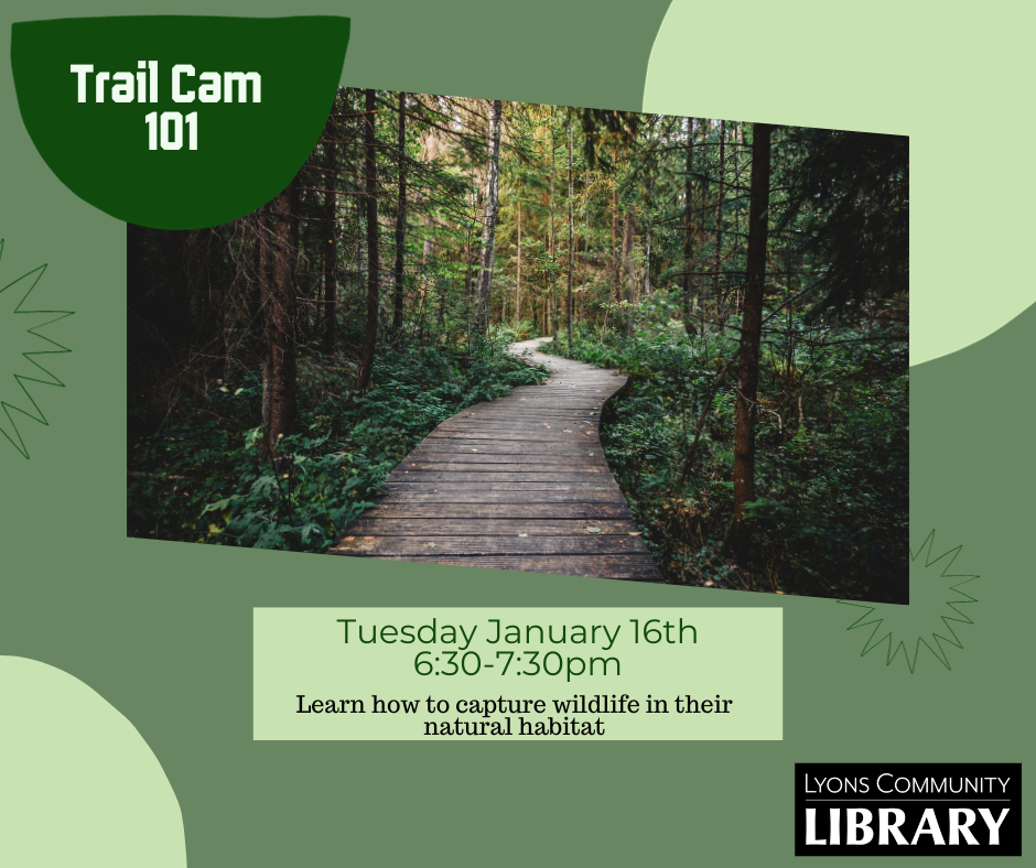A wooded trail on a green background with event name and information