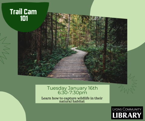 A wooded trail on a green background with event name and information