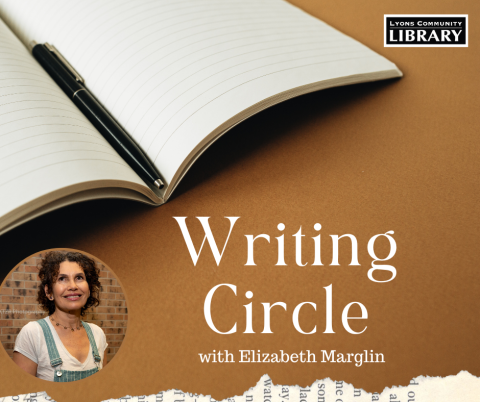 A journal with a pen and the words Writing Circle with Elizabeth Marglin