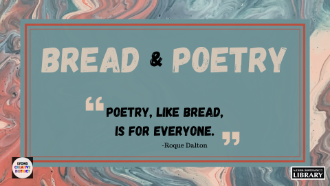 A graphic with blue, peach, and orange marbled background and the words "Bread and Poetry"