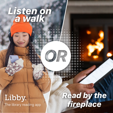 A woman on the left listening to an audiobook on her phone while another person on the right sits by a fire reading an ebook