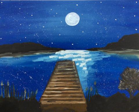 A painting of a blue, moonlit lake with a brown boardwalk leading out to the water