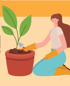 Colorful drawing of a woman tending to a plant.