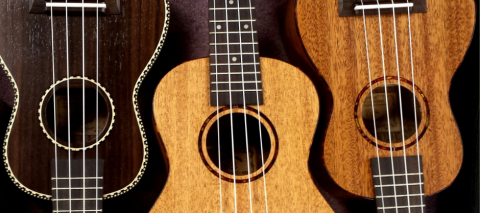 A picture of three ukuleles in a row