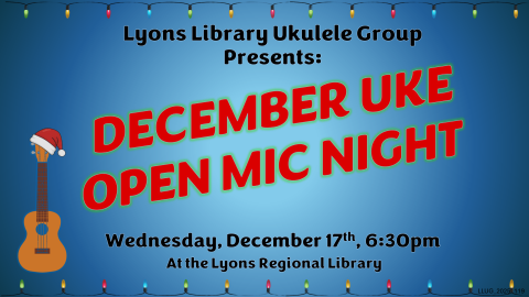 December Uke Open Mic Night with ukulele and santa hat