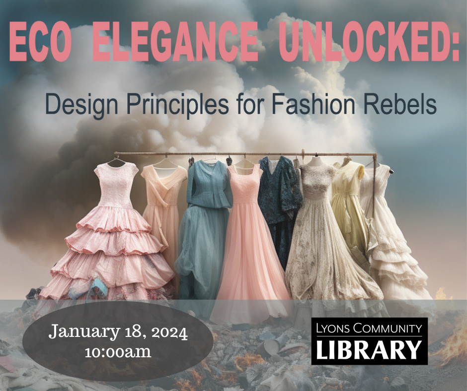 A graphic with gowns in various shades of pink, blue, and cream with event title Eco Elegance Unlocked: Design Principles for Fashion Rebels