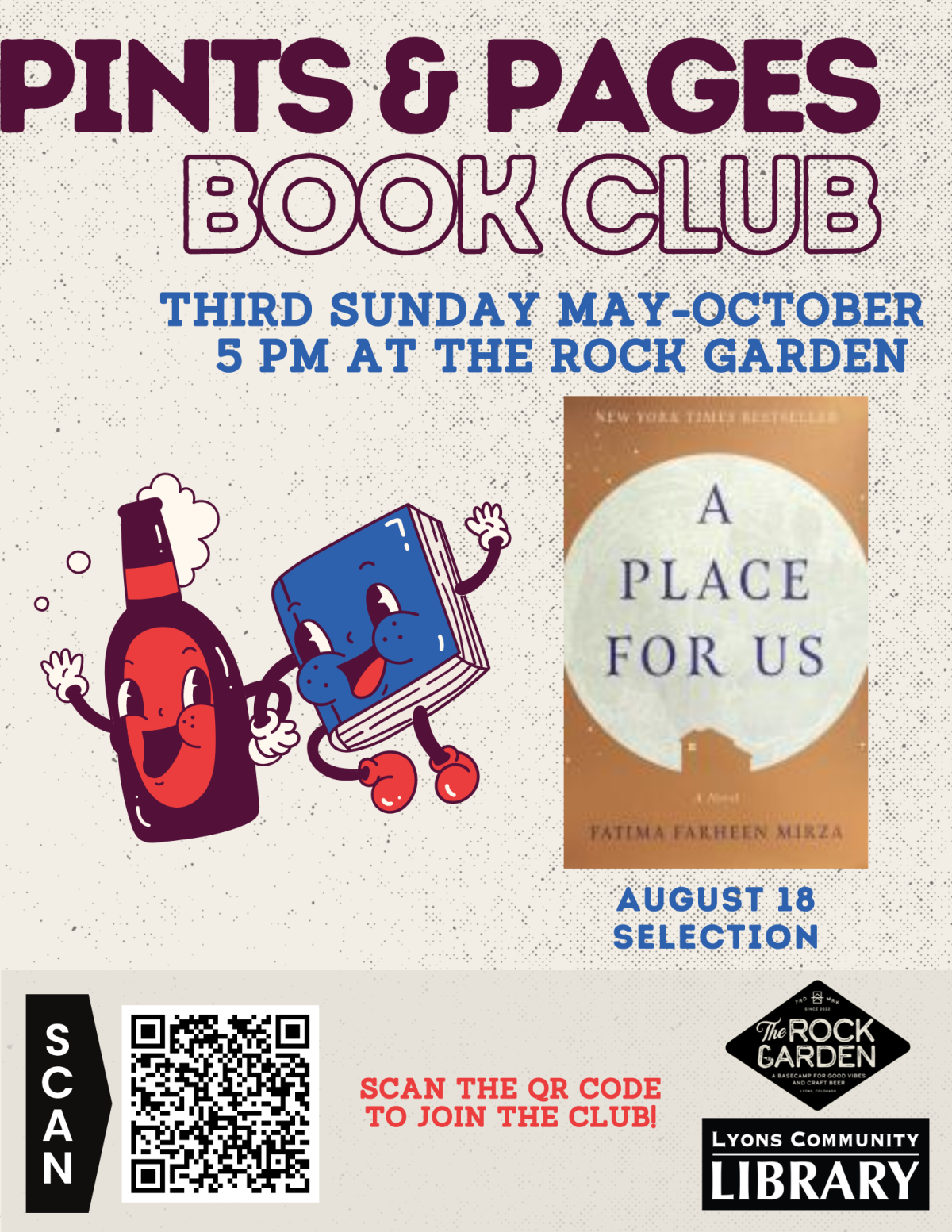 flyer noting time, date, location, title for Pints and Pages Book Club