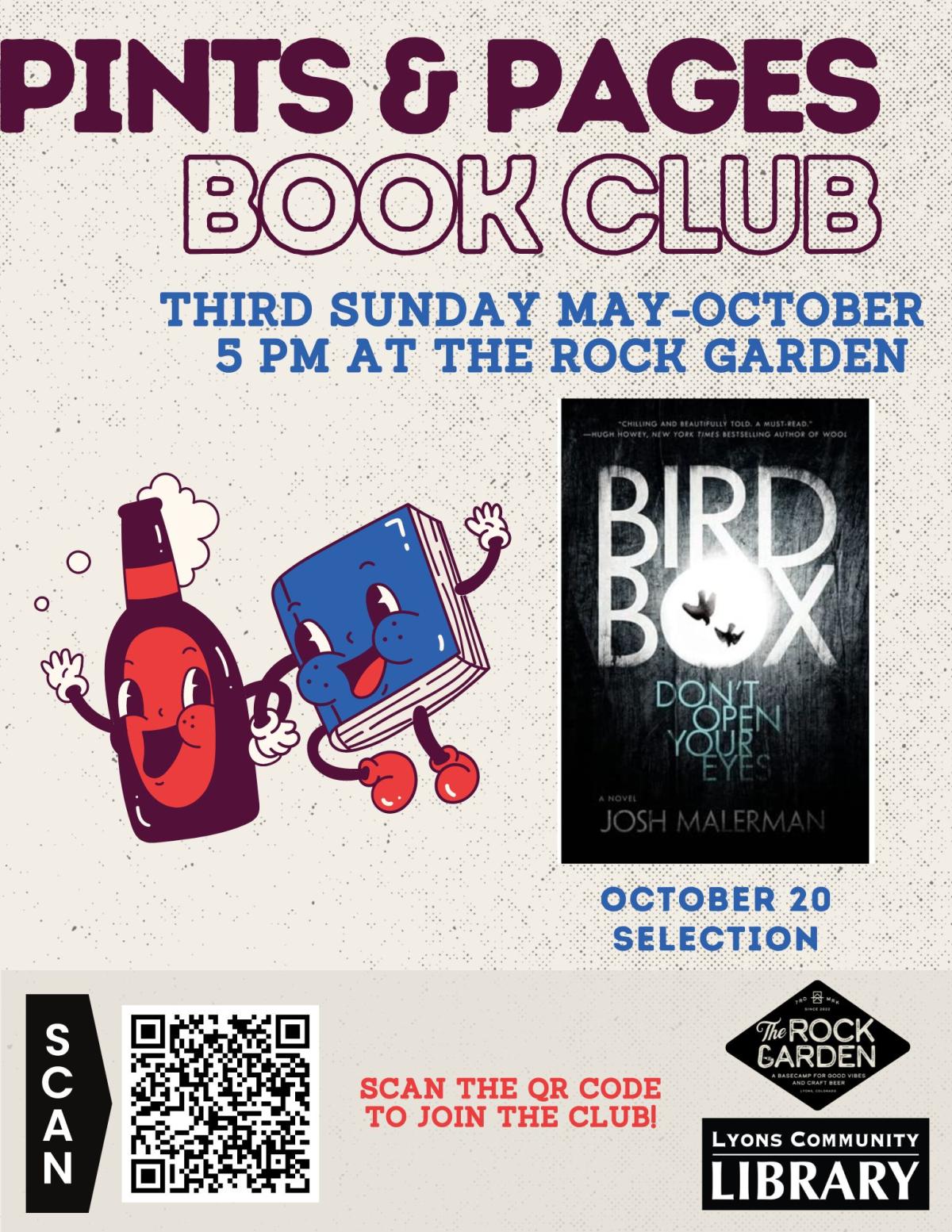 Flyer describing time, date, location, and book title for Pints and Pages Book Club.