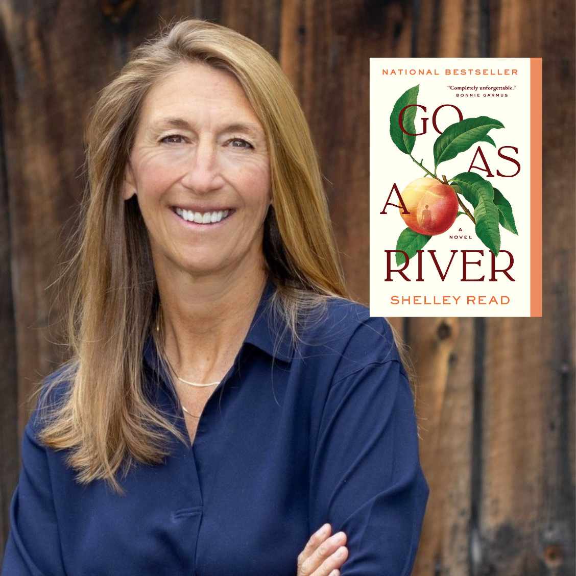 Headshot for Shelley Read with the book cover of her book Go As a River