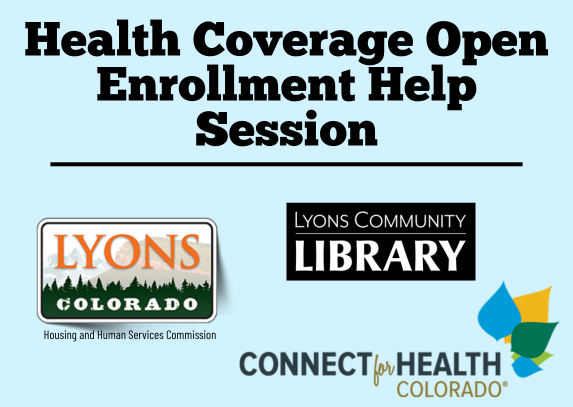 Title of event with logos of library, town of Lyons, and Connect for Health